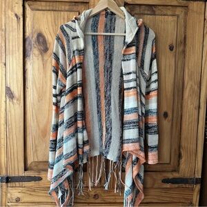Poof Striped Knit Fringe Cardigan Sweater with Hoodie Cream Black Orange - Large